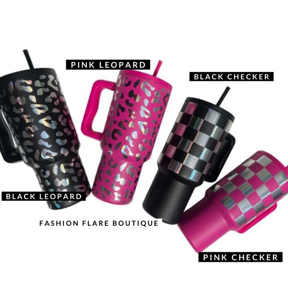 30 Oz Holographic Pink Checkered Tumbler w/ Handle
